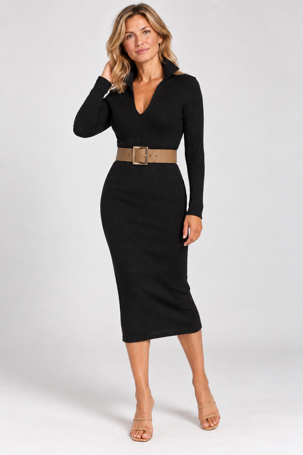 Evelyn Belted Ribbed Midi Dress